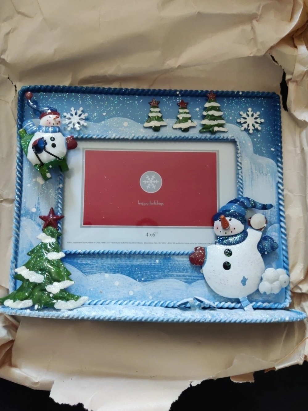 Kohl's Blue Snowman Holiday Picture Frame with Green Trees
